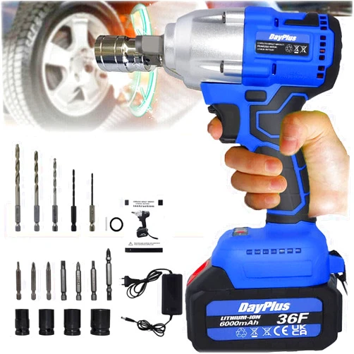 Feidak 21V Cordless Impact Wrench Electric Impact Gun 1/2’’ Square Drive w/6.0Ah Li-Ion Battery High Torque 420Nm, Variable Speed, 14/17/19/22mm Socket Set, Fast Charger, 6 Drill Bits, 6 Screw Bits