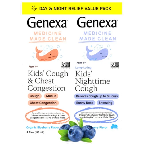 Genexa Kids' Day & Night Cough Combo Pack | Childrens Liquid Daytime Cough & Chest Congestion Relief | Nighttime Cough Suppressant + Runny Nose & Sneezing Relief for Kids 6+ | Blueberry Flavor, 4 FLOz