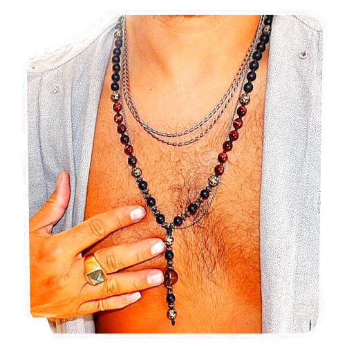Liliya Jewelry Men Necklace - Men Long necklace with Onyx and Red Tiger eye gemstones - Men Neckless - Gift for men - Mala necklace - Men jewelry