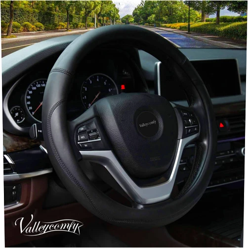 Valleycomfy Microfiber Leather Steering Wheel Cover Universal 15 inch (Black)