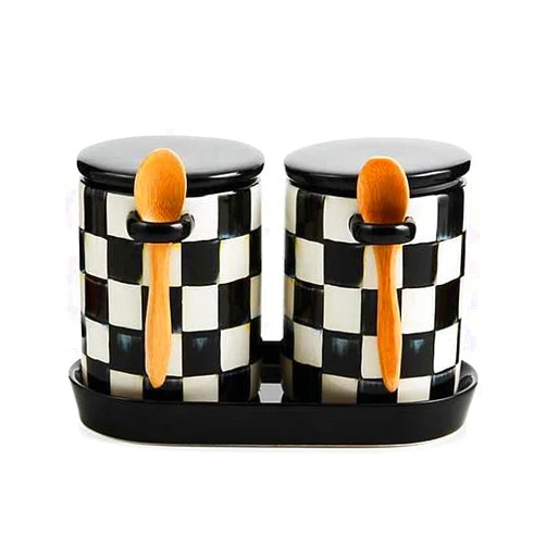 MACKENZIE-CHILDS Set of 2 Farmhouse Canister, Lidded Kitchen Canister with Spoon, Black-and-White Courtly Check