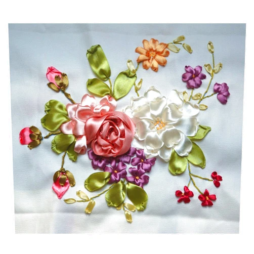 Egoshop Ribbon Embroidery Kit Small Fresh DIY Wall Decor 3D Painting Needle Work Stamp Canvas with Hoop No Frame Small Fresh