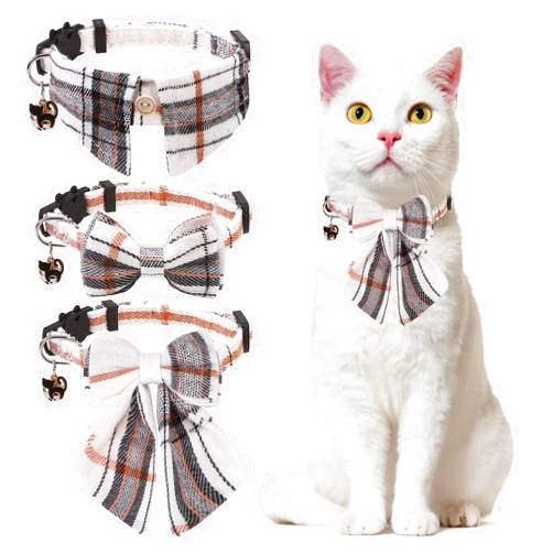 DILLYBUD Cat Collar with Bells & Cute Pendant- Cat Collar Breakaway with Removable Bow Tie Shirt Collar for Girl Boy Cats, 3 Pack Plaid Kitten Collar Safety Adjustable, Ideal for Female Male Pets