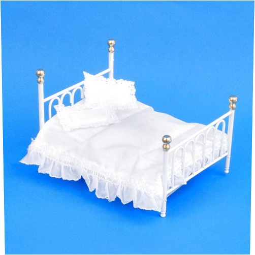 Melody Jane Dolls Houses Dolls House White Cast Iron Double Bed & Bedding Miniature Bedroom Furniture