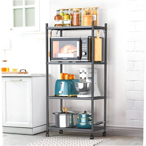 Jubao Microwave Stand with Storage, 4-Tier Adjustable Height Free Standing Bakers Racks for Kitchens, 47.2 H*23.6 L*13.2 W, Industrial Kitchen Storage Shelf Rack on Lockable Wheels