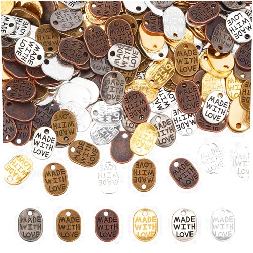 PH PandaHall 360 pcs 6 Colors Metal Handmade Tags, 11x8mm Made with Love Tag Pendant Charm Message Love Charms, Tibetan Style for Bracelet Necklace Earrings DIY Crafts Jewelry Making Mother's Day