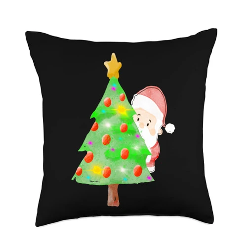 Stupid Rain Designs Peek-A-Boo I See You Christmas Tree Santa Funny Throw Pillow, 18x18, Multicolor