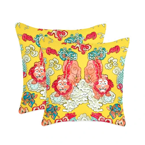 eshabear 2PCS Throw Waist Pillow Case Chinese Yellow Lion Dance Pattern Cushion Blue and White Porcelain Pattern Decoration Cover Pillowcase 18x18 Inches (Royal Lion Dance)