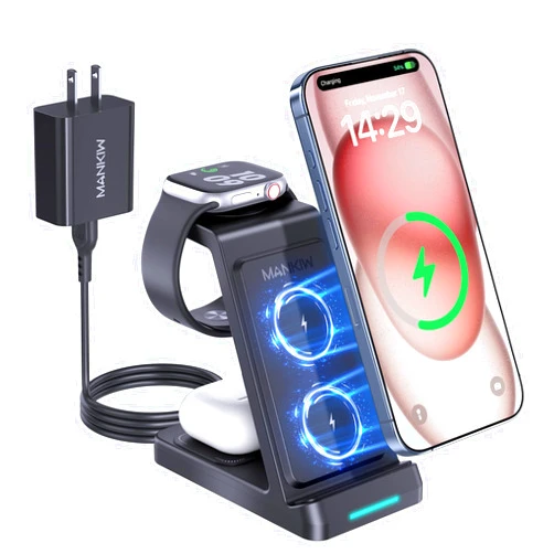 MANKIW 3 in 1 Charging Station for iPhone,fast Wireless Charger for iPhone 16/15/14/13/12/11 X Pro Max, Apple Watch Ultra 10/9/8/7/6/SE/5/4/3/2 - Wireless Charger Stand for Air Pods 4/3/2/Pro/2(with Adapter)