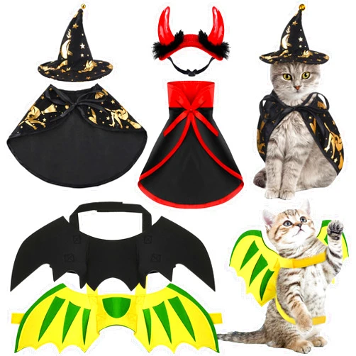 Reginary 6 Pieces Halloween Cat Pet Costume Dogs Kitten Outfits Witch Devil Vampire Bat Cloak Wings Dragon Wing Devil Hat Clothes Kitten Small Puppy Outfit for Halloween Party Pet Cosplay (Witch)