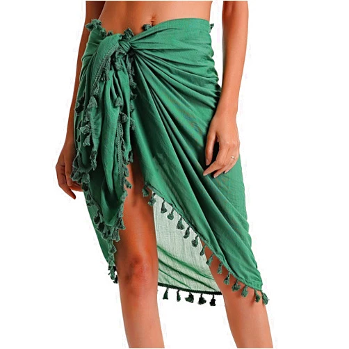 Eicolorte Beach Sarong Pareo Womens Semi-Sheer Swimwear Cover Ups Short Skirt with Tassels