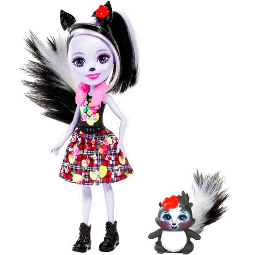 Enchantimals Sage Skunk Doll & Caper Figure, 6-inch small doll, with long black and white hair in ponytail, animal ears and furry tail, removable skirt, shrug and shoes, Toy for 3 to 8 Year Olds