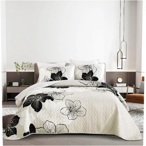 DJY Black White Quilt Set Queen 3 Pieces Floral Bedding Quilt Set Soft Botanical Bedspread with 2 Pillow Shams Lightweight Flower Quilt Coverlet Set for All Season 90''x 96''