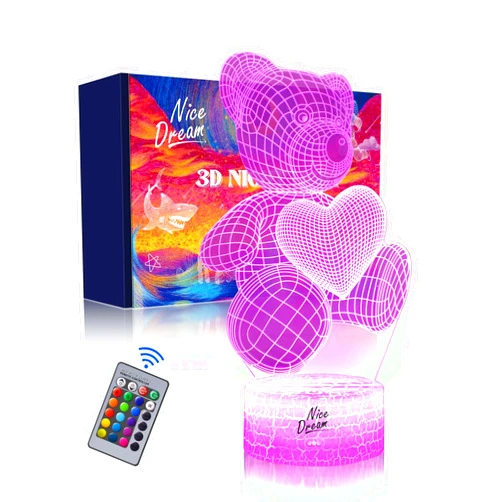 Nice Dream Bear Night Light for Kids, 3D Illusion Bear Night Lamp, 16 Colors Changing with Remote Control, Kids Room Decor, Bear Gifts for Lovers Children Girls Boys