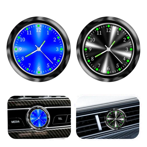 MLAHUIER 2PCS Mini Car Clock for Dashboard, 1.5In Metal Round Luminous Clock with Adhesive, Universal Decorative Automotive Watch Accessories for Boats Trucks SUVs Cars((Blue & Black)