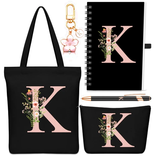 Talltalk 5 Pcs Personalized Women Gifts,Initial Tote Bag,Makeup Bag,Keyring,Notebook,Ballpoint,Black Alphabet Gifts for Women(Letter K)