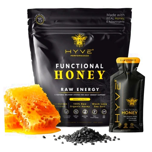HYVE Functional Pre-workout Honey – Caffeine Free Raw Energy Packets with Organic Cordyceps Mushrooms, Volcanic Sea Salt & Organic Honey – Energy Boost with Natural Adaptogens, Pack of 15 Sachets, Sweet & Salty