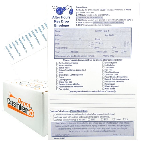 CASHIER DEPOT YOUR ONE STOP SHOP FOR ALL CASHIER'S NEEDS 500 Cashier Depot Night/After Hours Key Drop Envelopes for Auto Shop Repair or Service, 6