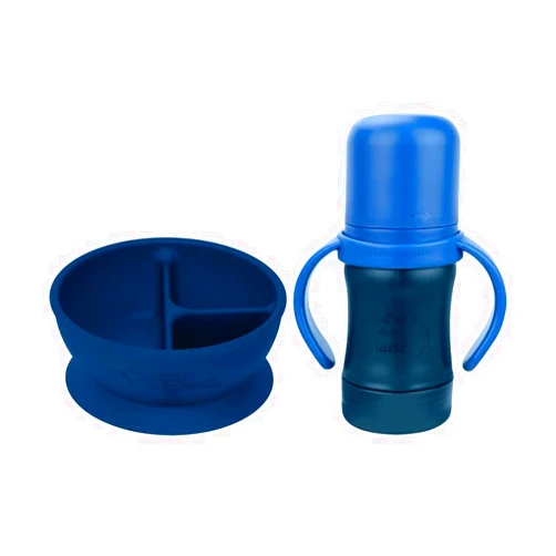 Green Sprouts - Learning Bowl made from Silicone and Sprout Ware Sip & Straw Cup made from Plants - Bundle (Navy Blue)