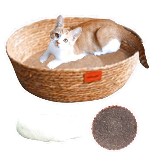 CXYYXF Cat Basket Bed - Large Round Rattan and Cotton Rope Woven Beds for Indoor Cats and Small Dogs,Bucket Nest for Your Pet to Cuddle, Cute Circle Baskets for Kitty (Brown)