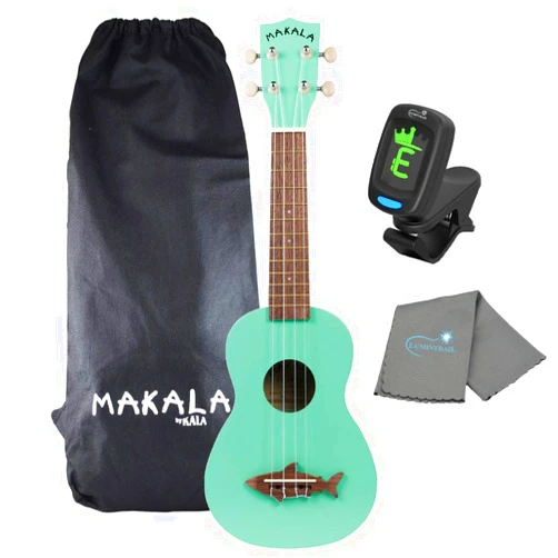 Kala Surf Green Soprano Shark Ukulele - MK-SS/GRN Bundle with a Tuner and Polishing Cloth