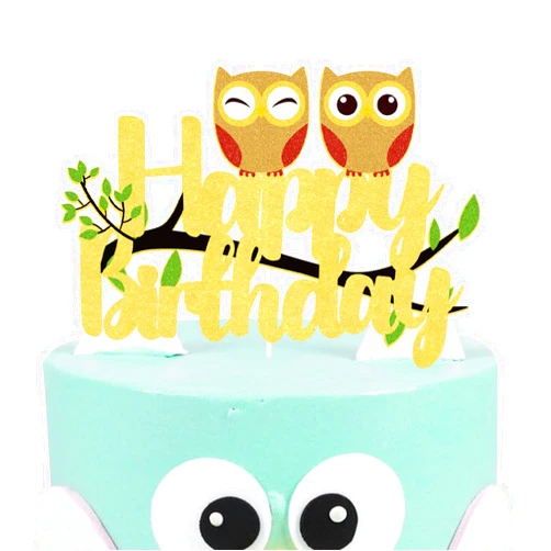 WHPCT Owl Cake Topper,Happy Birthday Sign Owl Cake Decorations,Owl Animal Themed Birthday Baby Shower Party Supplies,Gold Glitter