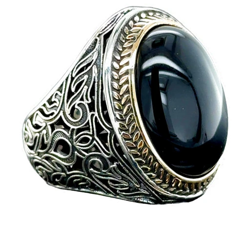 Mercan Silver Silver Onyx Ring, Men Handmade Black Onyx Stone Ring, Ottoman Style Silver Ring, Oval Cut Onyx Ring, 925k Sterling Silver Ring