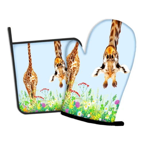 Oeaskly Funny Giraffe with Flowers Oven Mitts and Pot Holders Kitchen Cooking Gloves 2 Pcs Set Heat Resistant Pad for Baking BBQ Home Decor