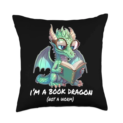 Asian Animal Gift Idea Fire Dragon Fantasy Co. I'm A Book Worm Funny Reading Cute Dragon Throw Pillow, 18x18, Multicolor