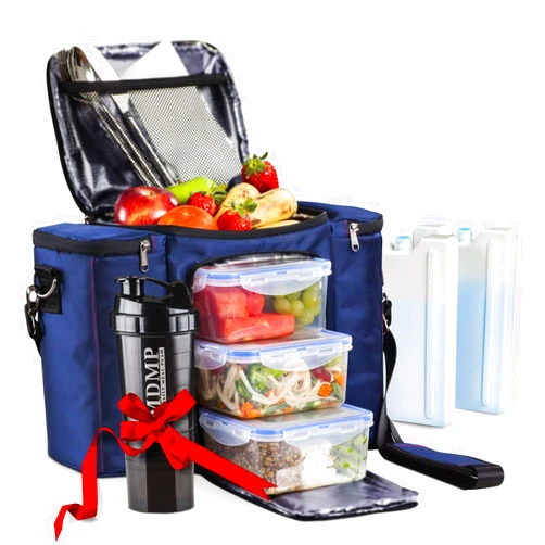 MDMP - MY DAILY MEAL PLAN My Daily Meal Plan Navy Blue 45 Oz. Insulated Lunch Bag/Box For Men, Women + 3 Large Food Containers + 2 Big Reusable Ice Packs + Shoulder Strap + Shaker With Storage