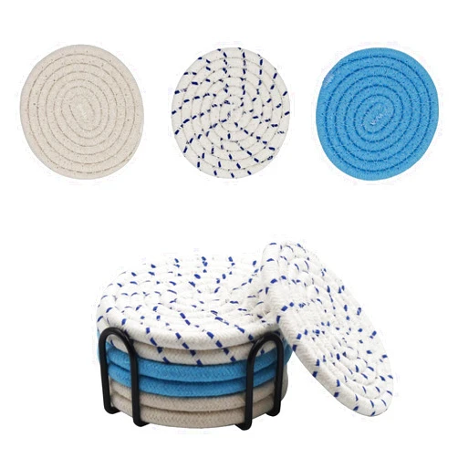 Generic 6 Pieces Coasters with Holder, 3 Colors Beverage Absorbent Coasters, Minimalist Cotton Woven Coaster Set, Woven Coasters for Coffee Table Home Decor Bar Housewarming Gift, 4.3 Inches