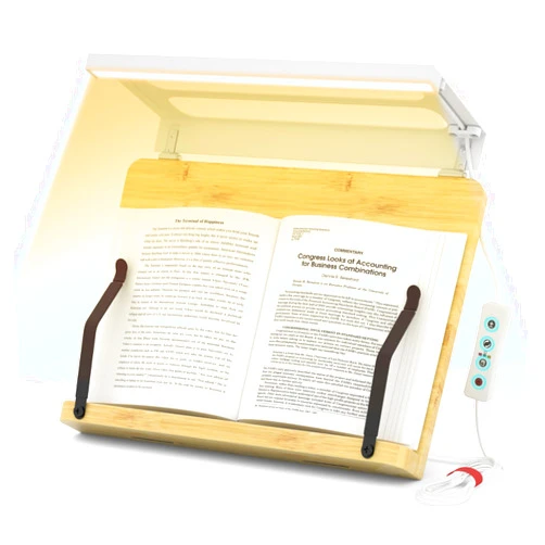 Boyanda Adjustable Book Stand with Light – Large Bamboo Reading Holder for Heavy Books, Cookbooks, Textbooks & Bible, Stable Base – Ideal for Desk, Kitchen, or Low-Light Settings (15.4