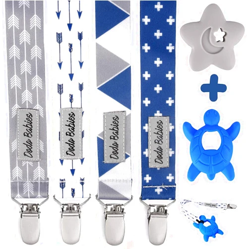 Dodo Babies Pacifier Clip & Teether Toy Set – Four Clips Plus Two Silicone Teether Toys – Universal Holder Fits Most Paci Brands – Fun Blue and Gray Prints for Girls or Boys