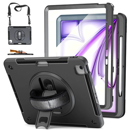 Miesherk Stock Case for iPad Air 13 Inch M3/M2 (2025/2024): Military Grade Shockproof Rugged Case with Screen Protector - Stand - Handle - Shoulder Strap - Pen Holder，Black+Black