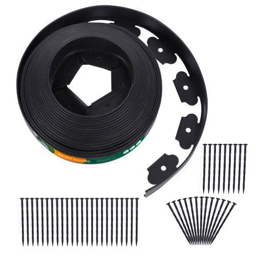 A ANLEOLIFE No Dig Durable Garden Landscape Edging Kit, 2” Tall Black Plastic Lawn Border with 72pcs Anchoring Spikes for Landscaping, Flower Gardens, Lawn (60FT+72pcs Anchoring Spikes)