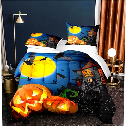EDUMEYA Halloween Bedding Set Queen Size Castle Bat Pumpkin Lantern Comforter Duvet Cover Mooonlight Quilted Set for Kids Teens Adult 1 Comforter 2Pillowcases