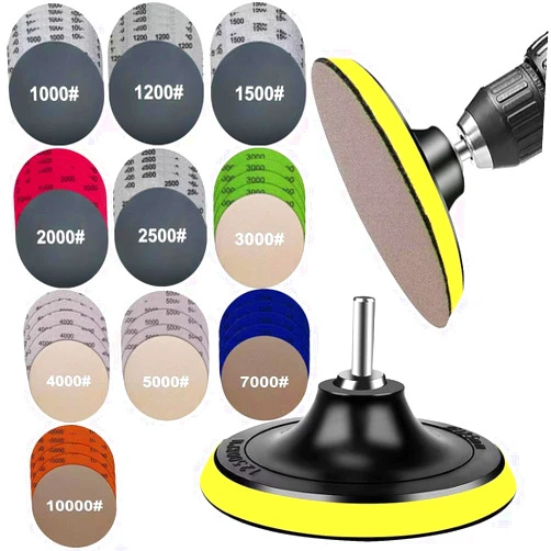 Shyshining Water Grit Sandpaper 1000/1200/1500...7000/10000 and 5-inch Backing Pad Set, Wet Dry Electric Hook &Loop Sanding Disc with Pad, Grinding Abrasive Paper and Orbital Sander Polisher(50pcs)
