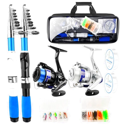 Hikary Fishing Rod and Reel Combo,2PCS 2.1M/6.89FT Collapsible Fishing Rod Set with 2PCS Spinning Reels 2 Set of Lures Baits 2PCS 100m Lines and a Carrier Bag,Fishing Pole Kit for Saltwater Freshwater