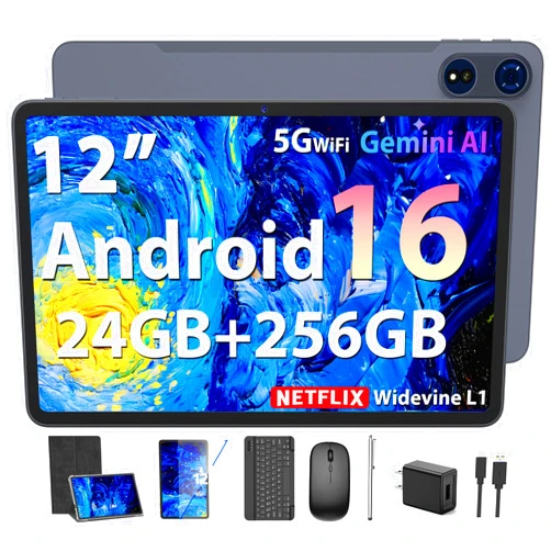 JJGJ 2026 12 Inch Android 16 Tablet with Keyboard, 24GB+256GB+2TB Expand, 2K Gemini AI Tablet with 5G WiFi, Octa-Core, 8000mAh, BT5.0, 16+8MP, 2 in 1 Tablets PC with Case, Mouse, Stylus (Black Case)