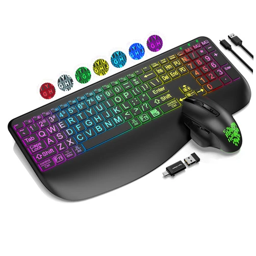 Hayyiesh Wireless Keyboard and Mouse Combo, Large Print Backlit Keyboard with Wrist Rest and 9 Backlit Effects, 2.4G Rechargeable Ergonomic Keyboard Mouse Combo Easy to See for Windows, Laptop, PC (Black)