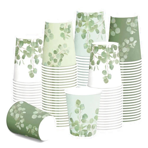 RUSPEPA Disposable Tea Cups 9oz - 100 Pack Eucalyptus Design Printed Paper Coffee Drinking Cups, Thickened Paper Style for Hot/Cold Beverages, Home, Office and Party Supplies