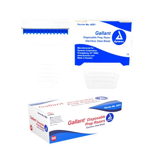 Dynarex Gallant Disposable Prep Razors, Used before ECG and other Procedures, Disposable Razors with Open Design, Ergonomic Surgical Prep Razors, 1 Box of 50 Razors