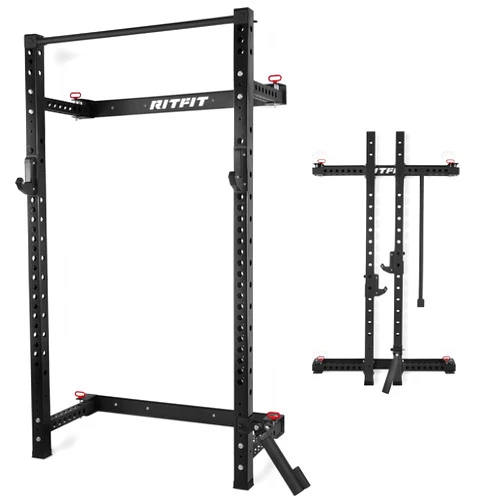 RitFit Multi-Functional Folding Squat Rack for Home Gym, 2.36'' x 2.36'' Wall Mounted Squat Rack with Attachments - Space Saving Squat Power Rack