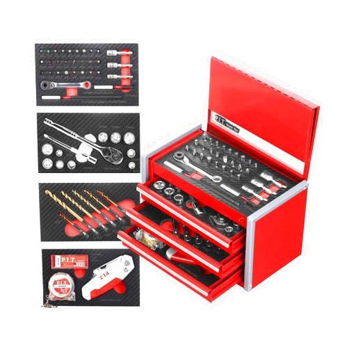 P.I.T. Portable 3 Drawer Steel Tool Box with 61-Pieces Mechanics Tool Set,Magnetic Locking, Red Hand Carry Tool Cases for Hand Tools Repair Tool Kit