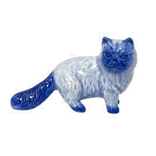 LUXKUNHOUSE Ceramic Persian cat Figurine Dollhouse Delft Blue White Collectible Miniature Bonsai Garden Handmade Painted Gift no 3