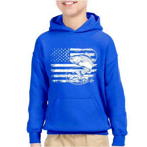 FerociTees Kids Unisex Patriotic Bass Fishing American Flag Fisherman Hoodie