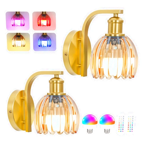 VerRon Rechargeable Battery Operated Wall Sconce Set of Two with Amber Glass Lampshade, Wireless Wall Scone Decor with Remote Control, 15 Colors Gold Wall Light for Bedside Hallway Bedroom Doorway