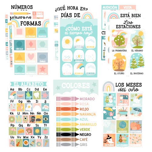 Hadley Designs 12 Boho Spanish Classroom Decorations - Spanish Classroom Posters Elementary, Spanish Posters For Classroom, Posters In Spanish Alphabet, Abecedario Para Niños En Español, Spanish Class Posters
