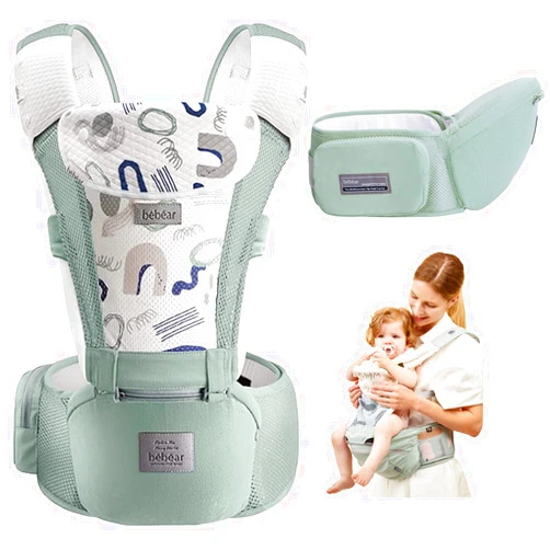 Bebear Bebamour Baby Carrier Newborn to Toddler-Baby Hip Carrier Front and Back Carry with Head Hood & 3 Pieces Teething Pads& WAIST Extenders (Green)