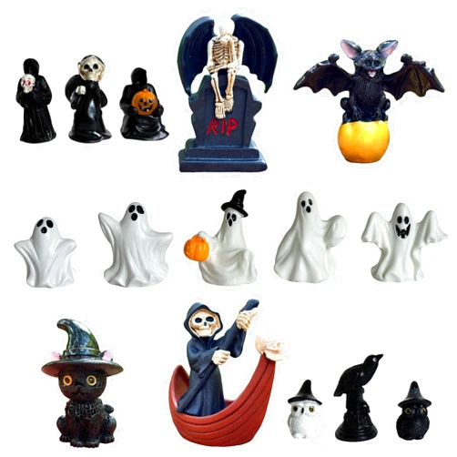 Basuo-9Q 15PCS Halloween Mini Figurines - Spooky Resin Figures for Fairy Garden, Terrarium, Dollhouse - Reaper, Ghost, Black Cat, Bat, Owl, Raven - Whimsical Decor, Gothic Fantasy